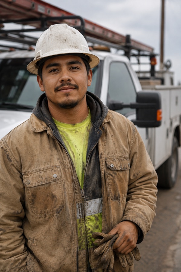 Portrait of a contractor crew member in a white hard hat and dusty work jacket beside his truck