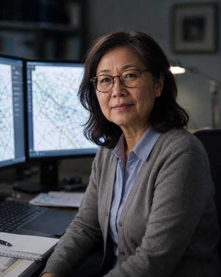 Portrait of a senior GIS analyst at her desk, dual monitors showing network maps behind her