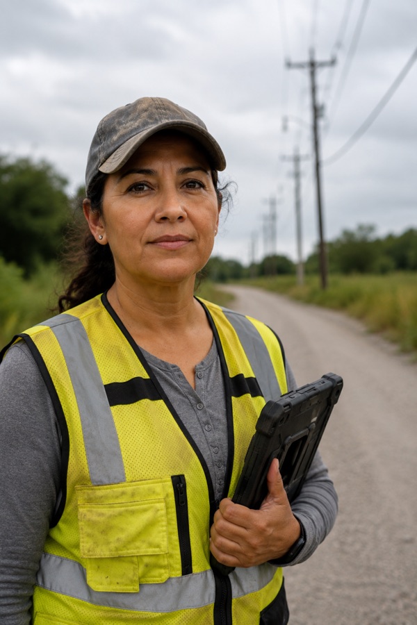 Portrait of a field inspector in a hi-vis vest and ball cap holding a rugged tablet
