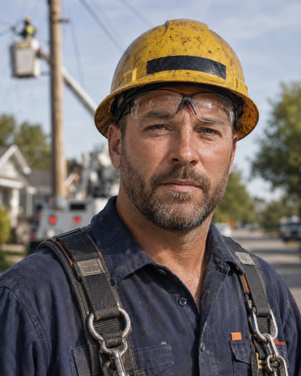 Portrait of a lineworker in a weathered hard hat, safety glasses, and climbing harness