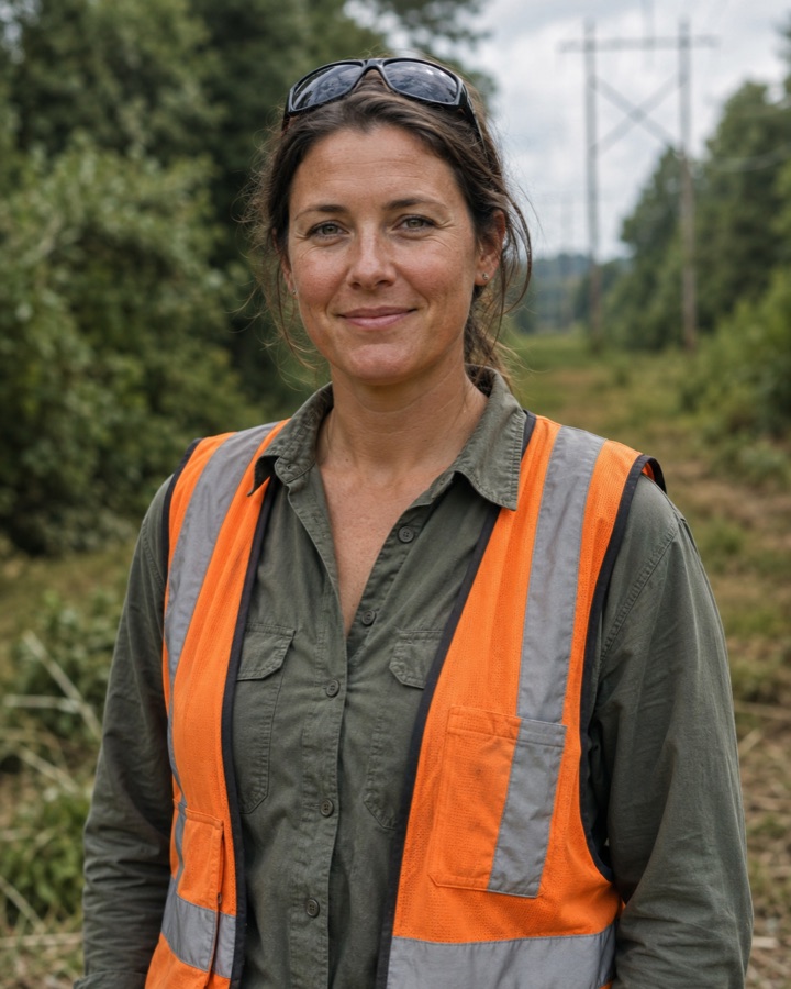 Portrait of a vegetation coordinator in an orange hi-vis vest on a tree-lined right-of-way
