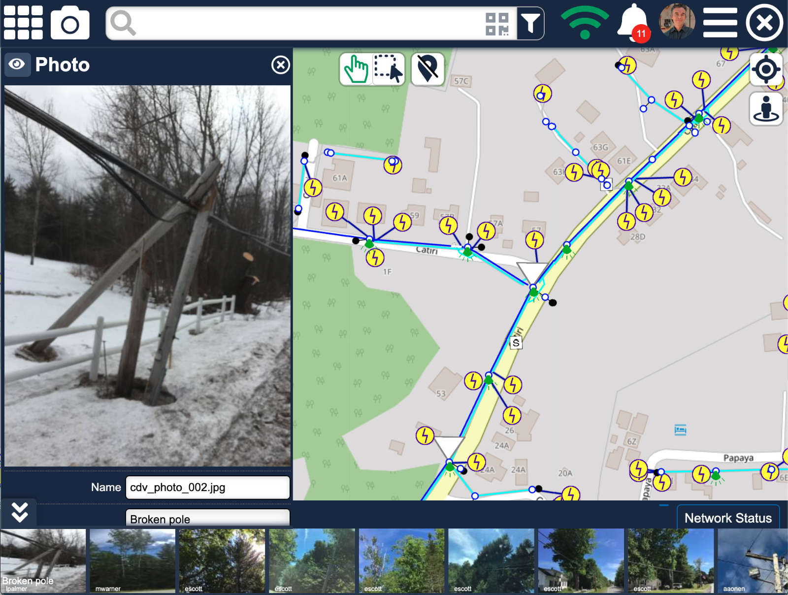Atlas review view: a field photo of a broken pole open beside the live network map, with the evidence queue below